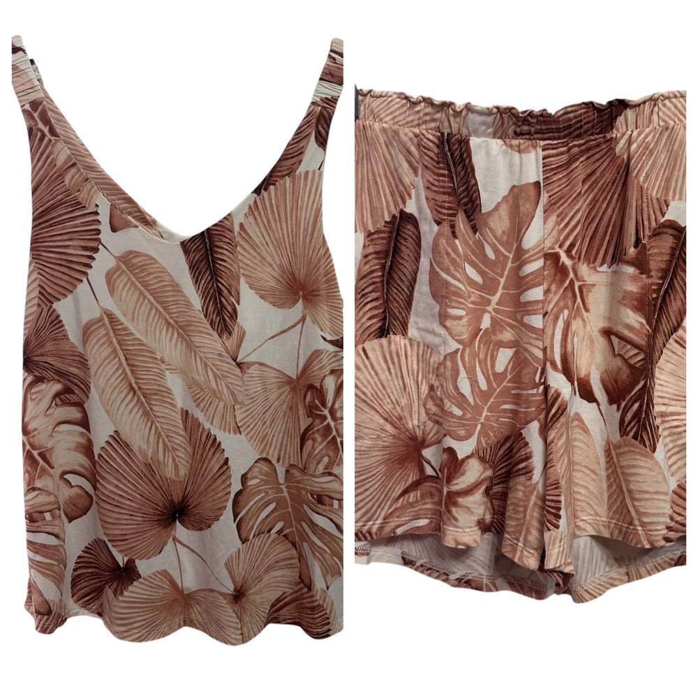 Soma Pajama Set Womens Medium Brown Tropical Palm Leaf Cool Nights Tank Shorts